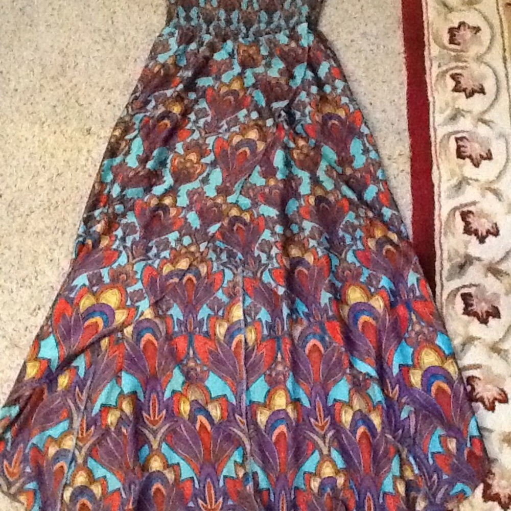 GORGEOUS! Boho Strapless Maxi Dress in Turquoise and Brown - Picture 5 of 6